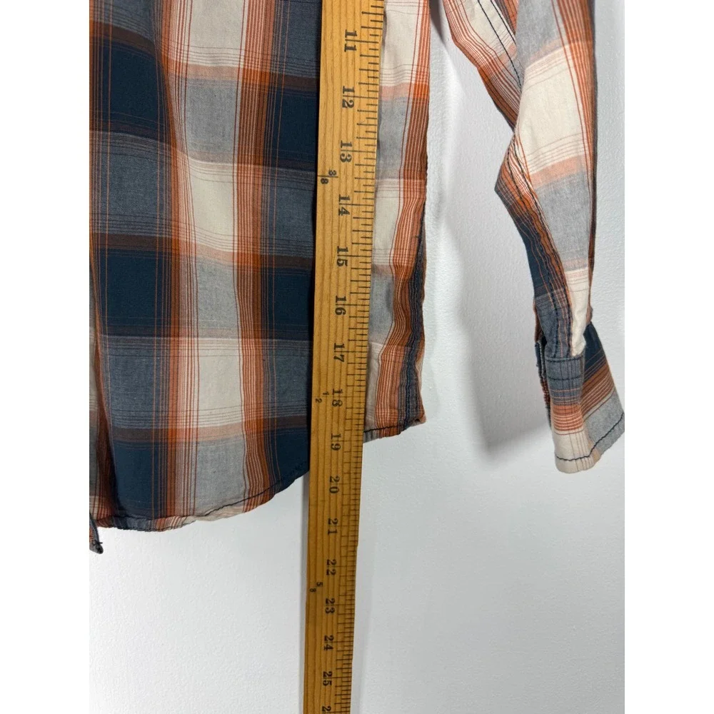 Western Cowboy Hardware Kids Med Shirt Orange Blue Plaid Bull‎ Skull Snap Front